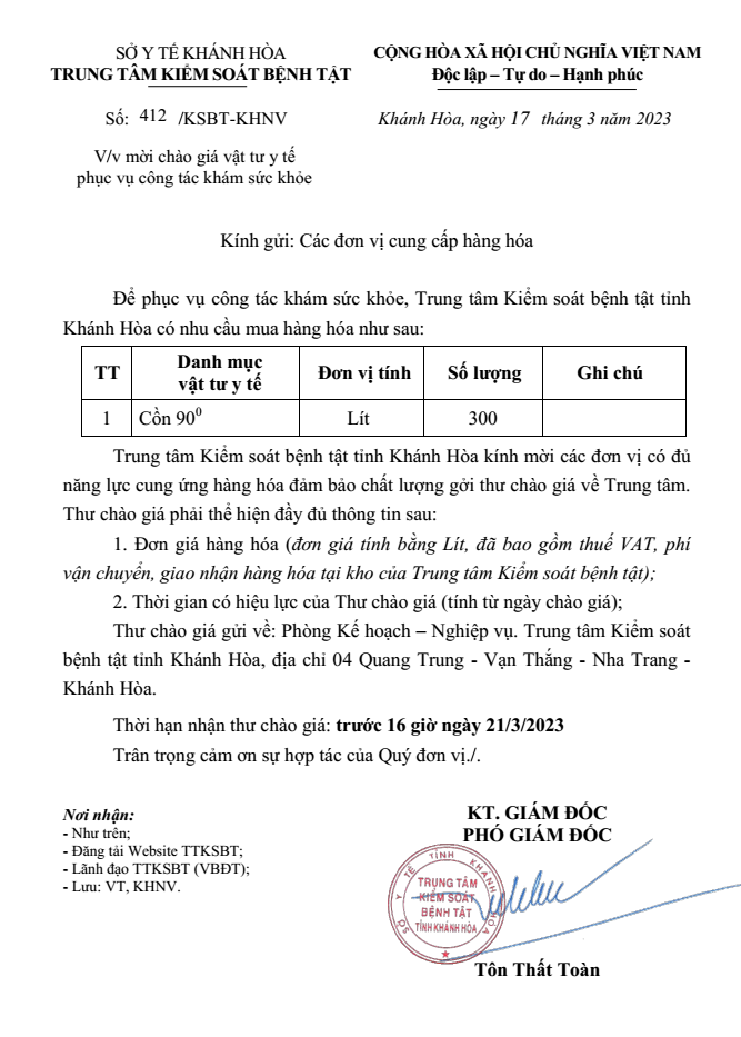 Mời chào giá vật tư y tế phục vụ công tác khám sức khỏe